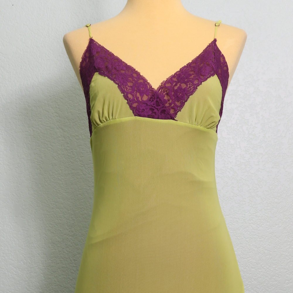 Marciano Lime Green Purple Lace Trim Slip Dress